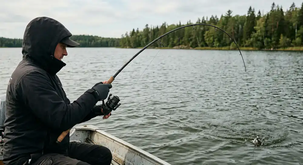 Fishing rod bent under heavy tension out on the water