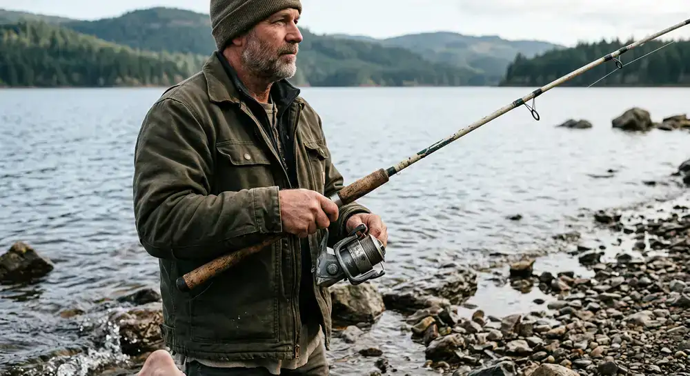 Holding a well used rod and reel setup near the shore