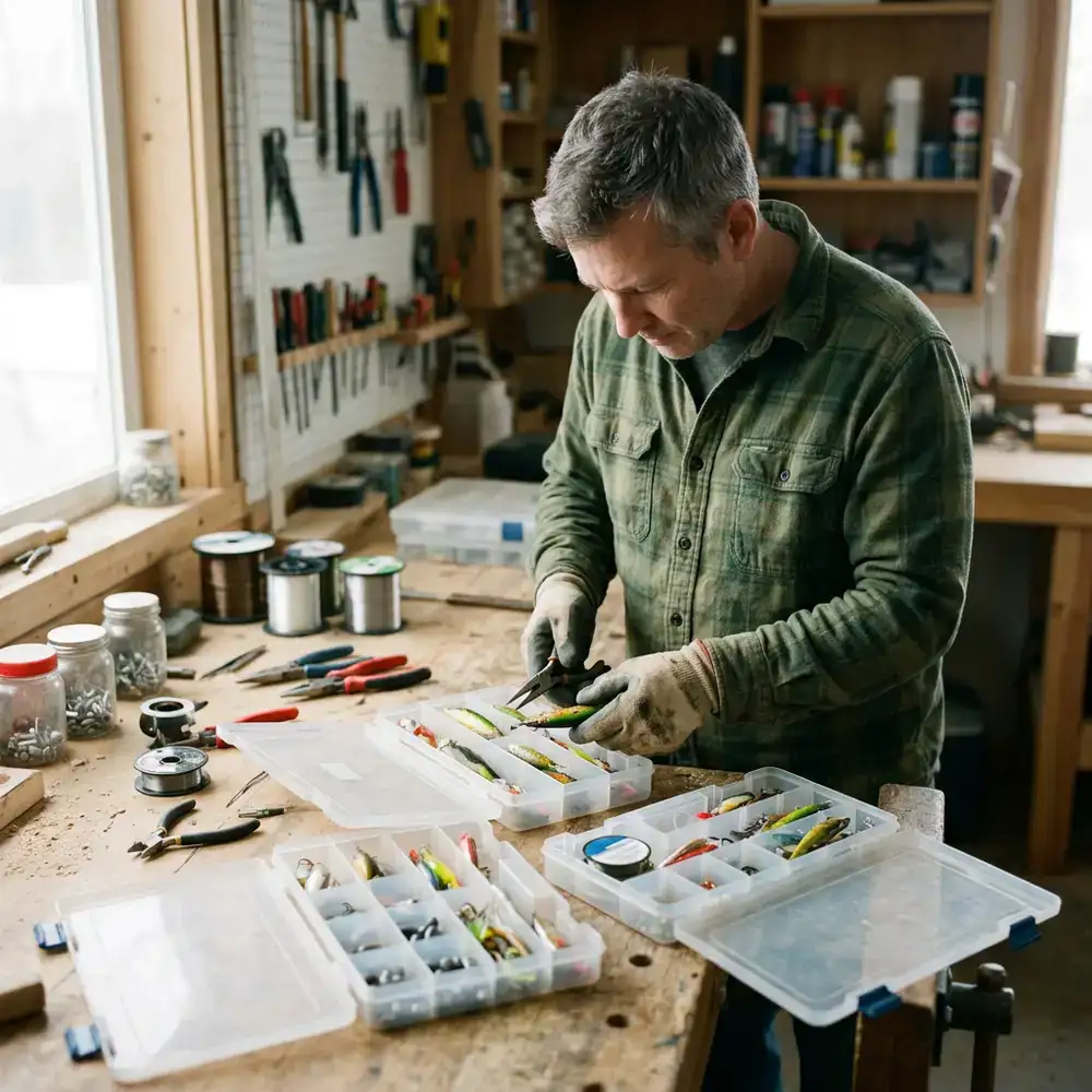 Workshop view of inspecting tackle boxes