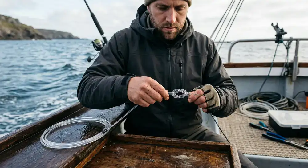 Team member tying a heavy fluorocarbon leader