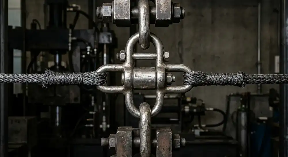 Close up of a heavy duty swivel and braided line under tension testing
