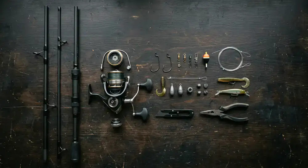 Overhead view of a disassembled fishing rig on a dark workbench
