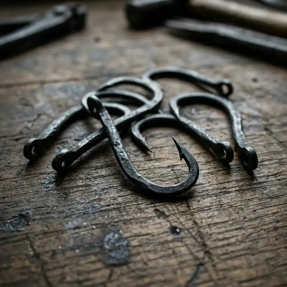 Macro shot of forged high-carbon steel hooks