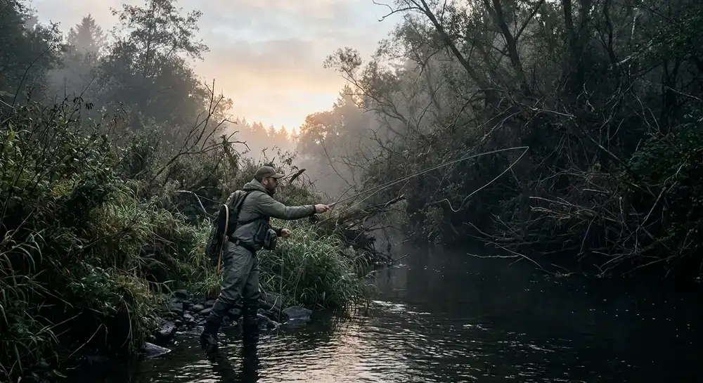 Angler casting at dawn in dense cover