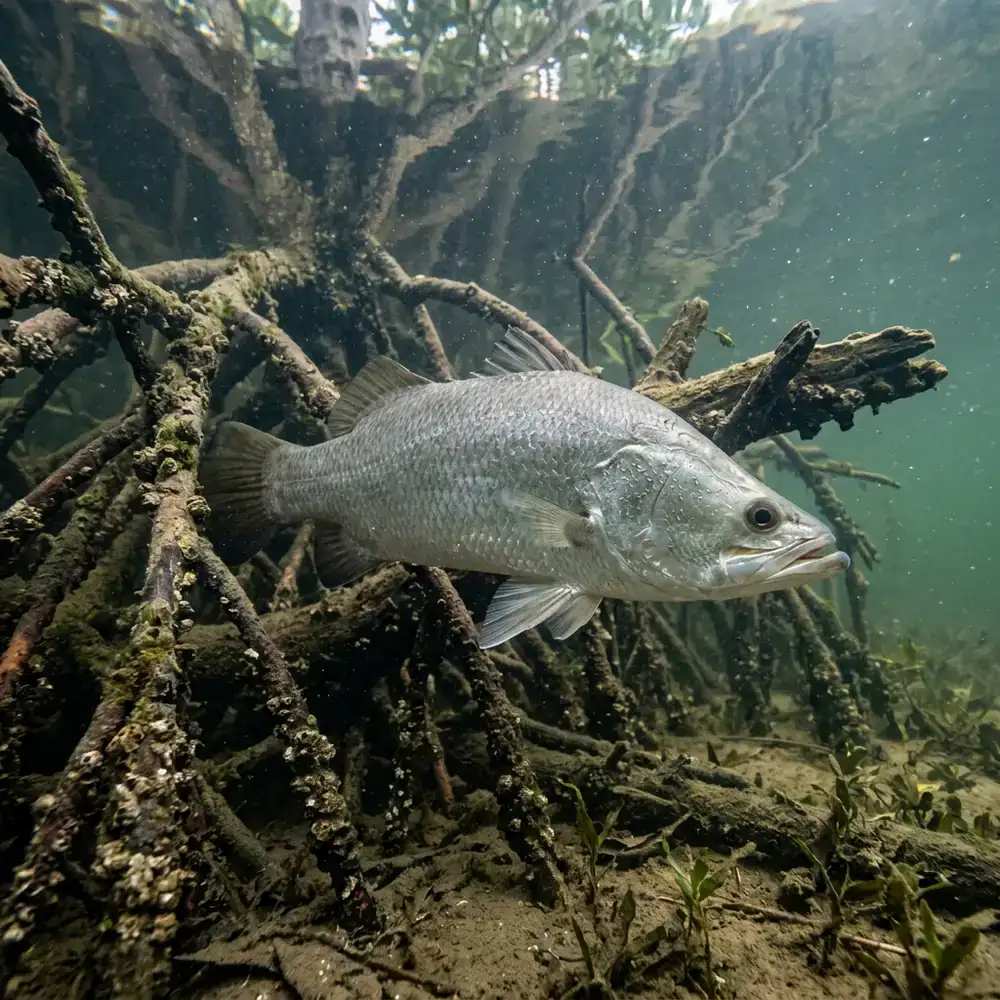 Silver estuarine predator near structure