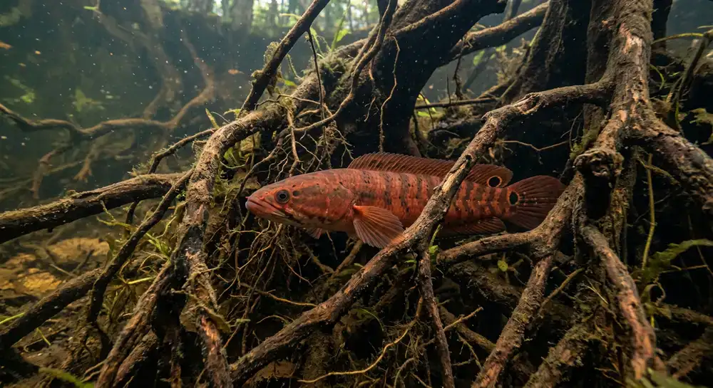 Redish predator fish in root system