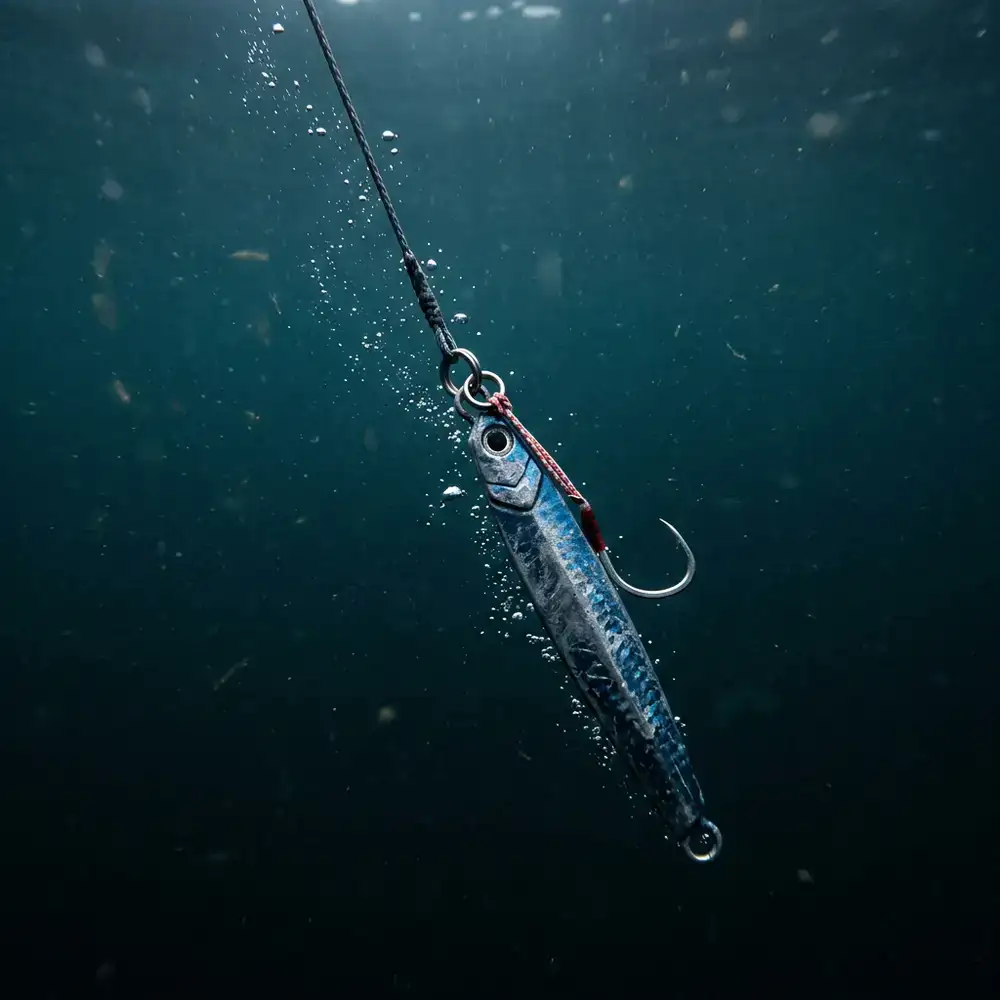 Heavy metal jig being dropped into deep water