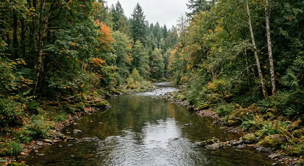 Calm freshwater river running through forest