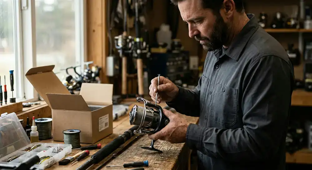 Inspecting a newly arrived fishing reel for quality