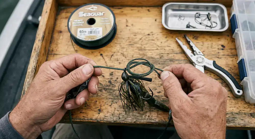 Overhead view of tying a strong fishing knot with heavy line