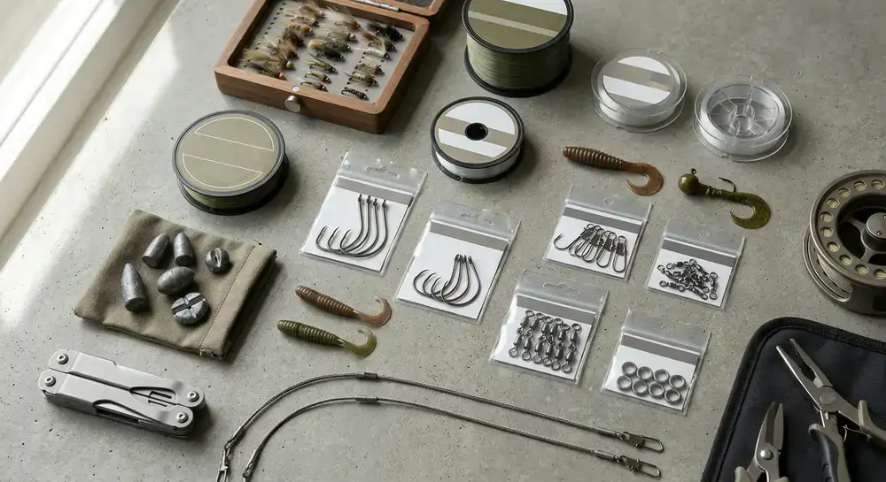 Stylized flatlay of durable fishing gear and terminal tackle