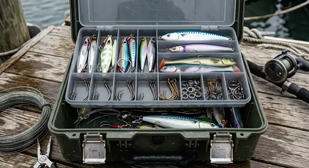 Open tackle box showing heavy duty hooks and lures
