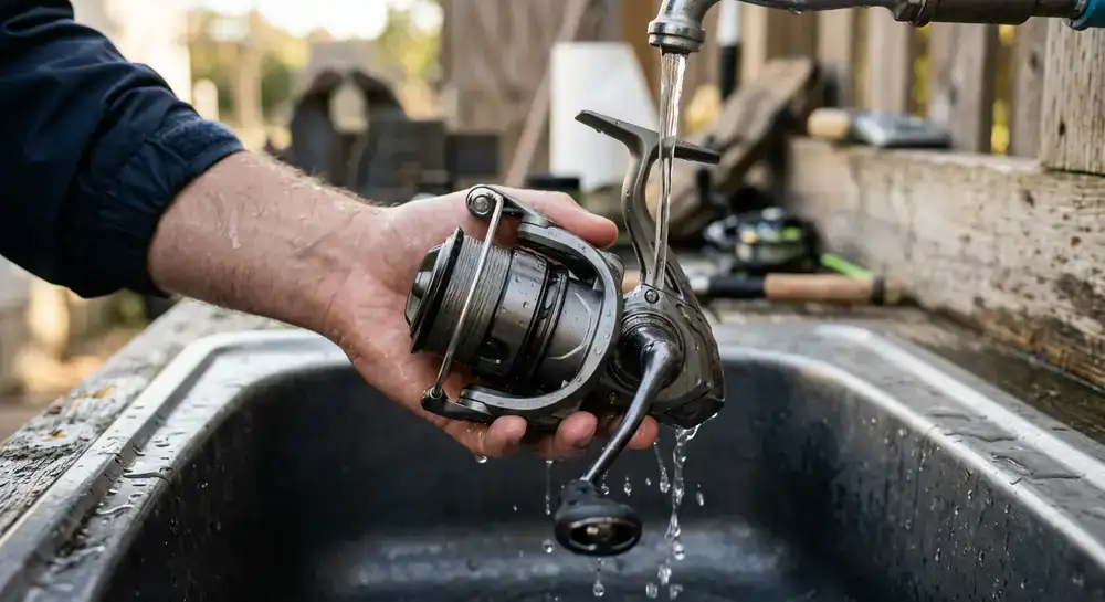 Rinsing off a spinning reel after a day out