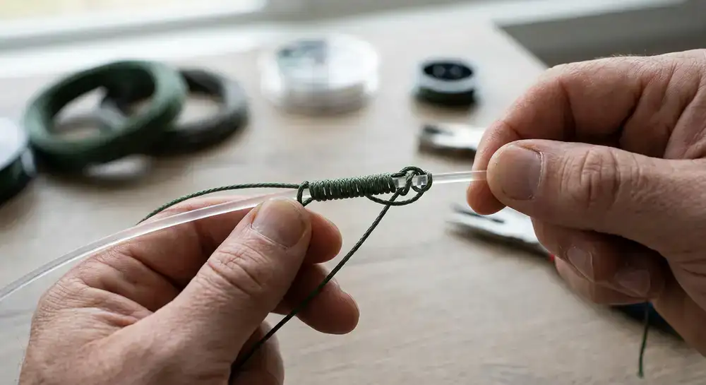 Close-up diagram of tying a strong leader knot