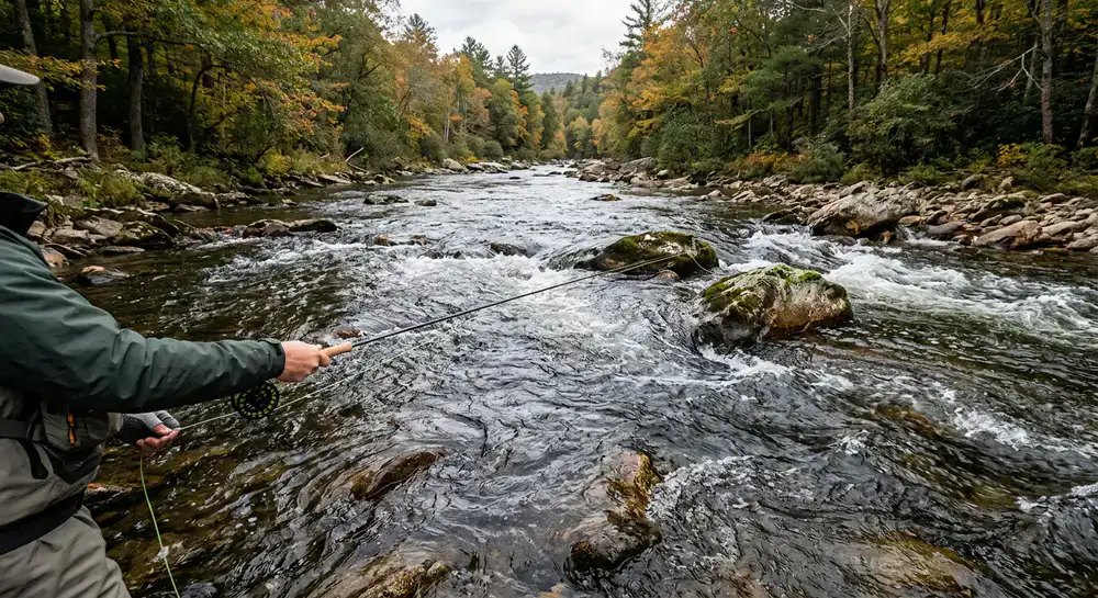 Angler's view of a flowing river showing distinct water currents and structure
