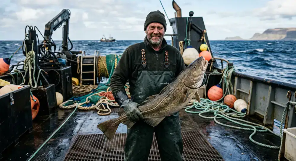 Fisherman holding a large catch using heavy gear