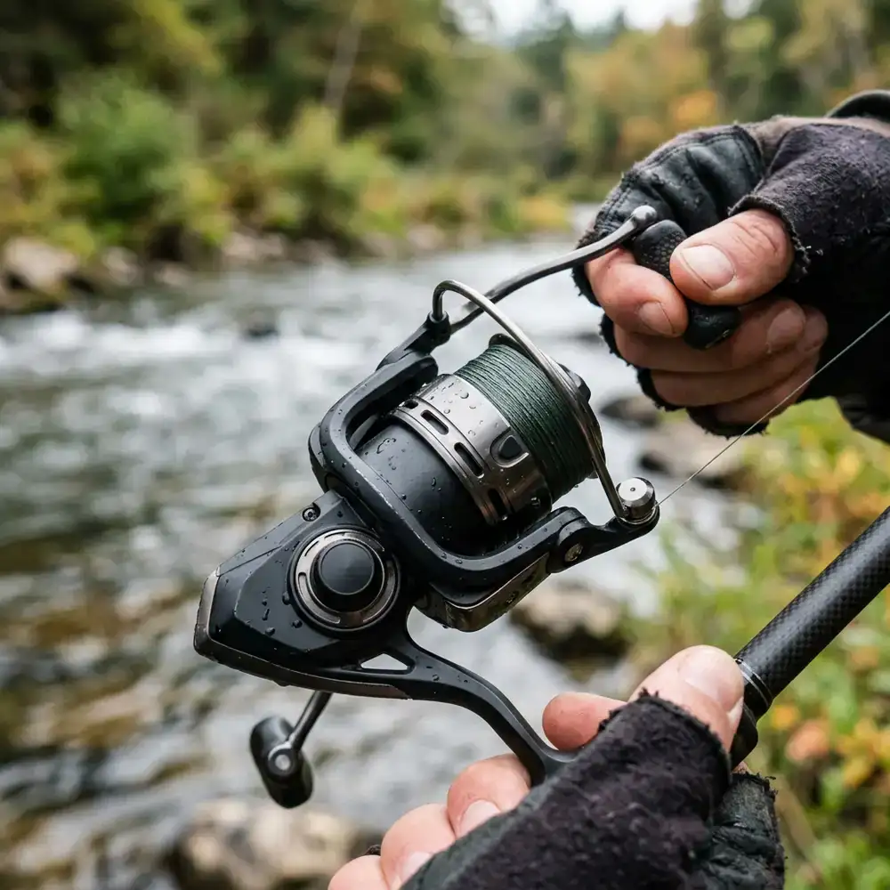 Close up of a spinning reel in use