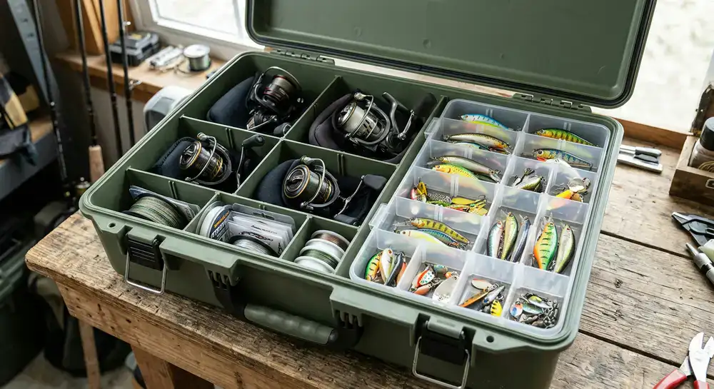 Neatly packed fishing reels and lures in a secure box
