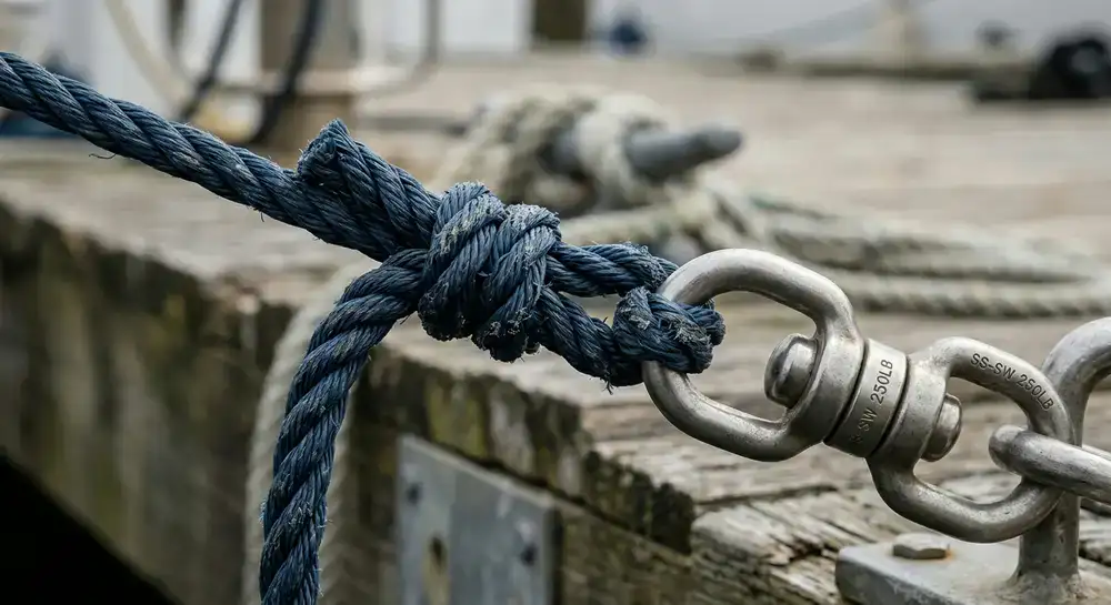Macro shot of a reinforced knot and heavy-duty swivel under tension